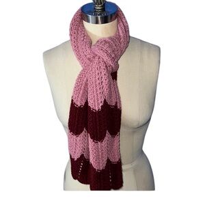 Pink and Dark Red Handmade Knit Scarf OS